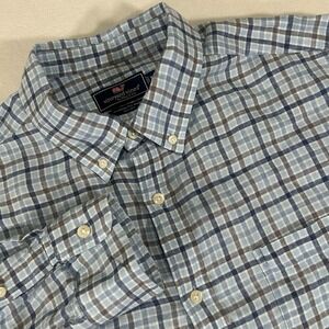 Vineyard Vines Mens XL‎ Classic Fit Blue Plaid 100% Linen L/S Button Up Shirt